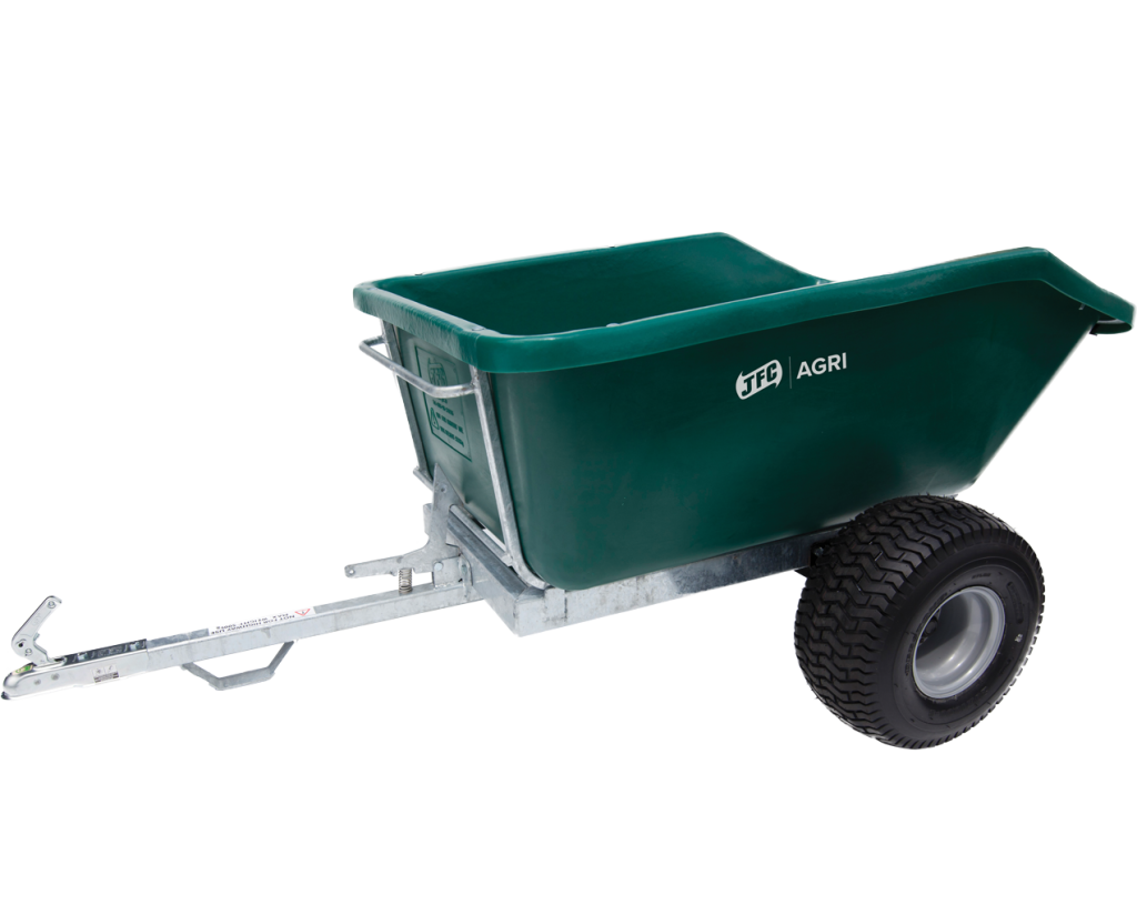 500 Litre ATV Tipping Trailer (Green) front/side view