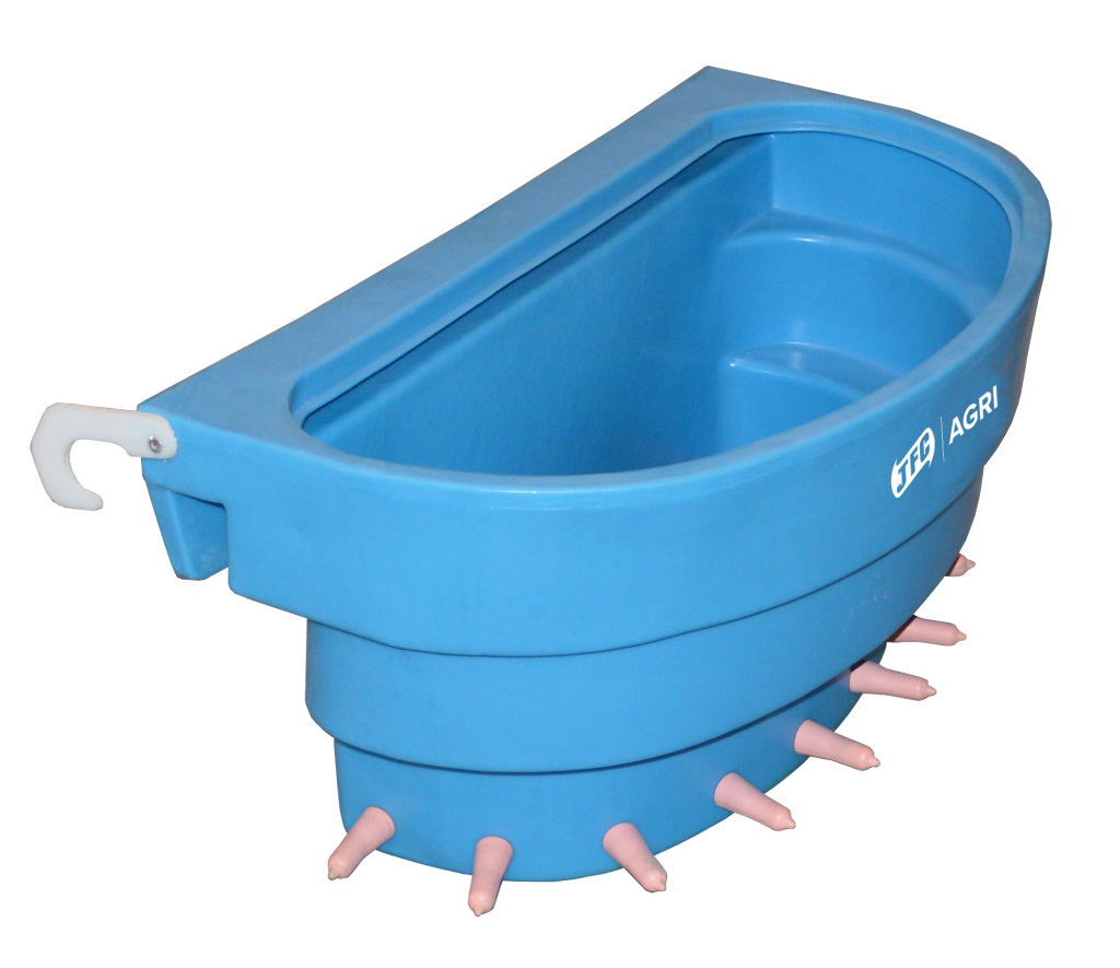 Front of 10 Teat Compartment Feeder with Peach Teats showing teats pointing out of bottom