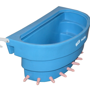 Front of 10 Teat Compartment Feeder with Peach Teats showing teats pointing out of bottom
