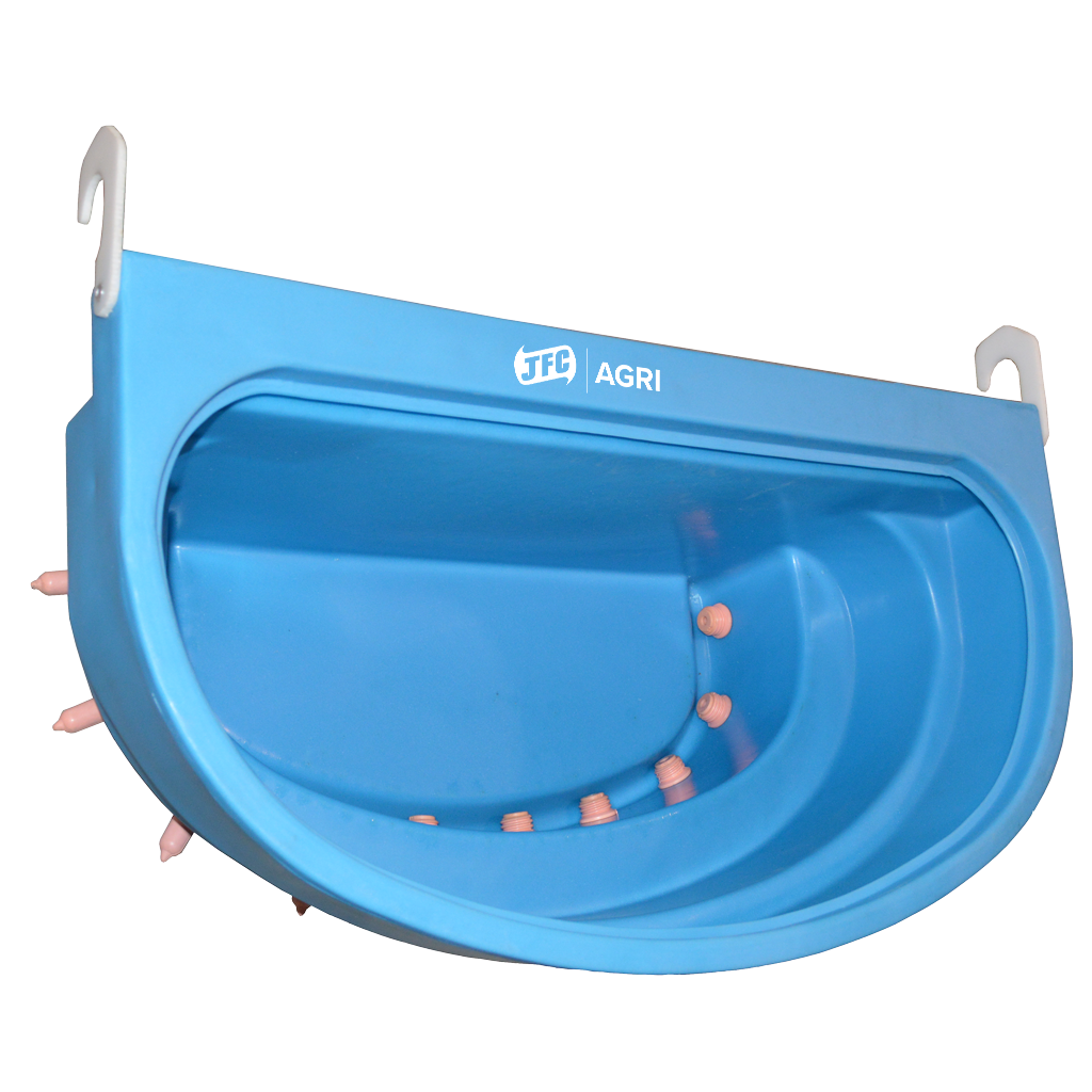 Top of 10 Teat Compartment Feeder with Peach Teats showing teats fitted at the bottom of trough