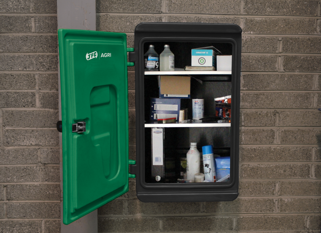 Medi-Safe Storage Cabinet (Black & Green) open with medicines on shelves
