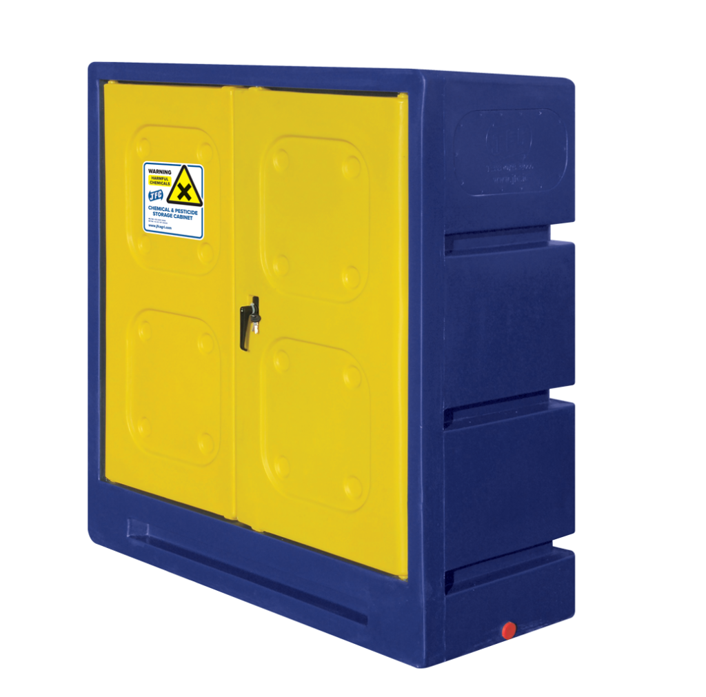A Large navy & yellow chemical storage cabinet by JFC closed