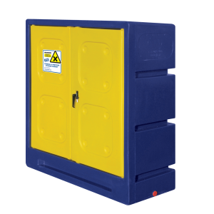 A Large navy & yellow chemical storage cabinet by JFC closed