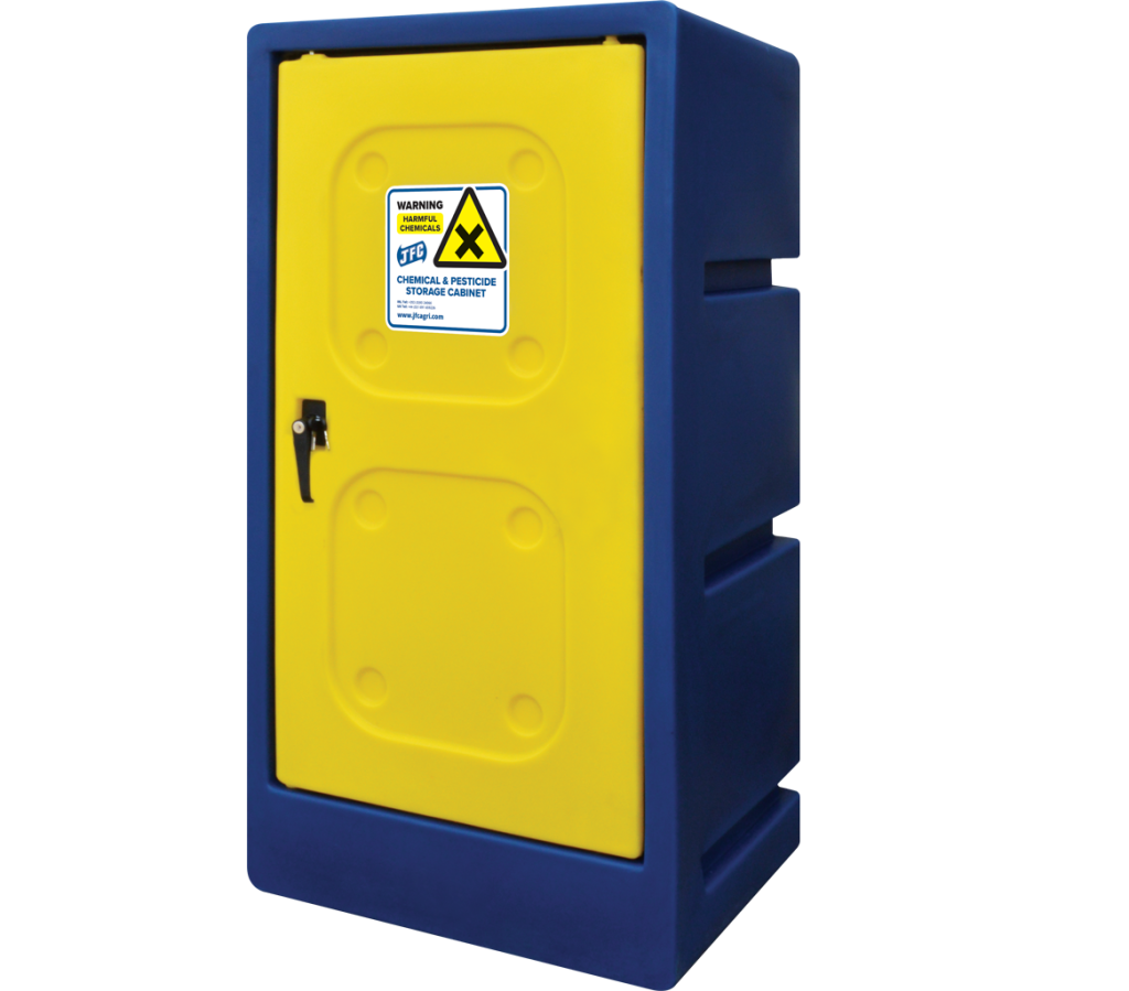 A medium navy & yellow chemical storage cabinet by JFC closed