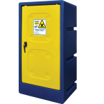 A medium navy & yellow chemical storage cabinet by JFC closed