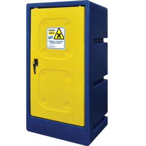 A medium navy & yellow chemical storage cabinet by JFC closed