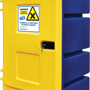 A small navy & yellow chemical storage cabinet by JFC closed with warning label on the front