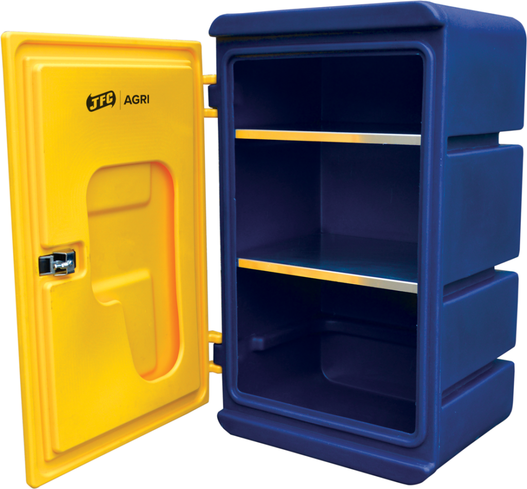 A small navy & yellow chemical storage cabinet by JFC open showing shelves