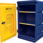 A small navy & yellow chemical storage cabinet by JFC open showing shelves