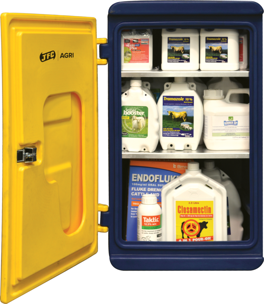 A small navy & yellow chemical storage cabinet by JFC open showing shelves full of chemicals