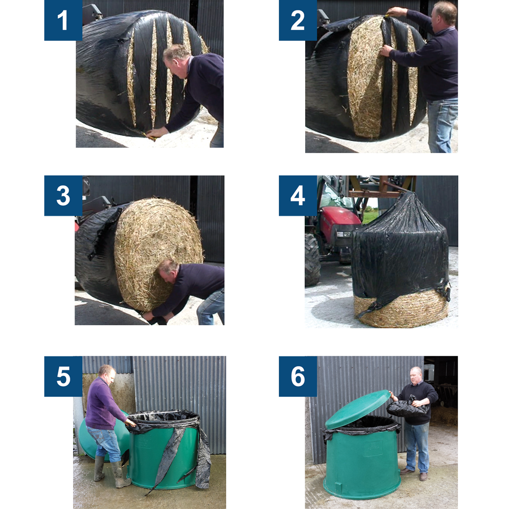 TidyWrap Recycling Bin showing 6 steps from hay bail to bin liner