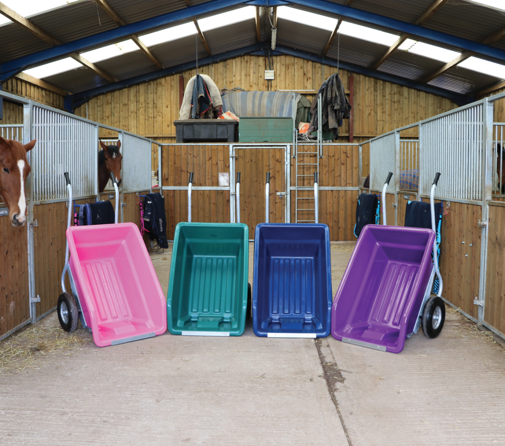 Pink, green, blue & purple 250 litre tipping wheelbarrow side by side