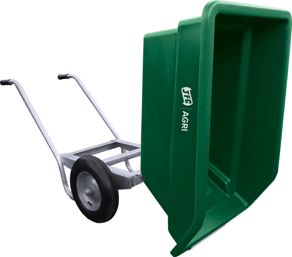 Green 250 Litre Tipping Wheelbarrow being tipped forward