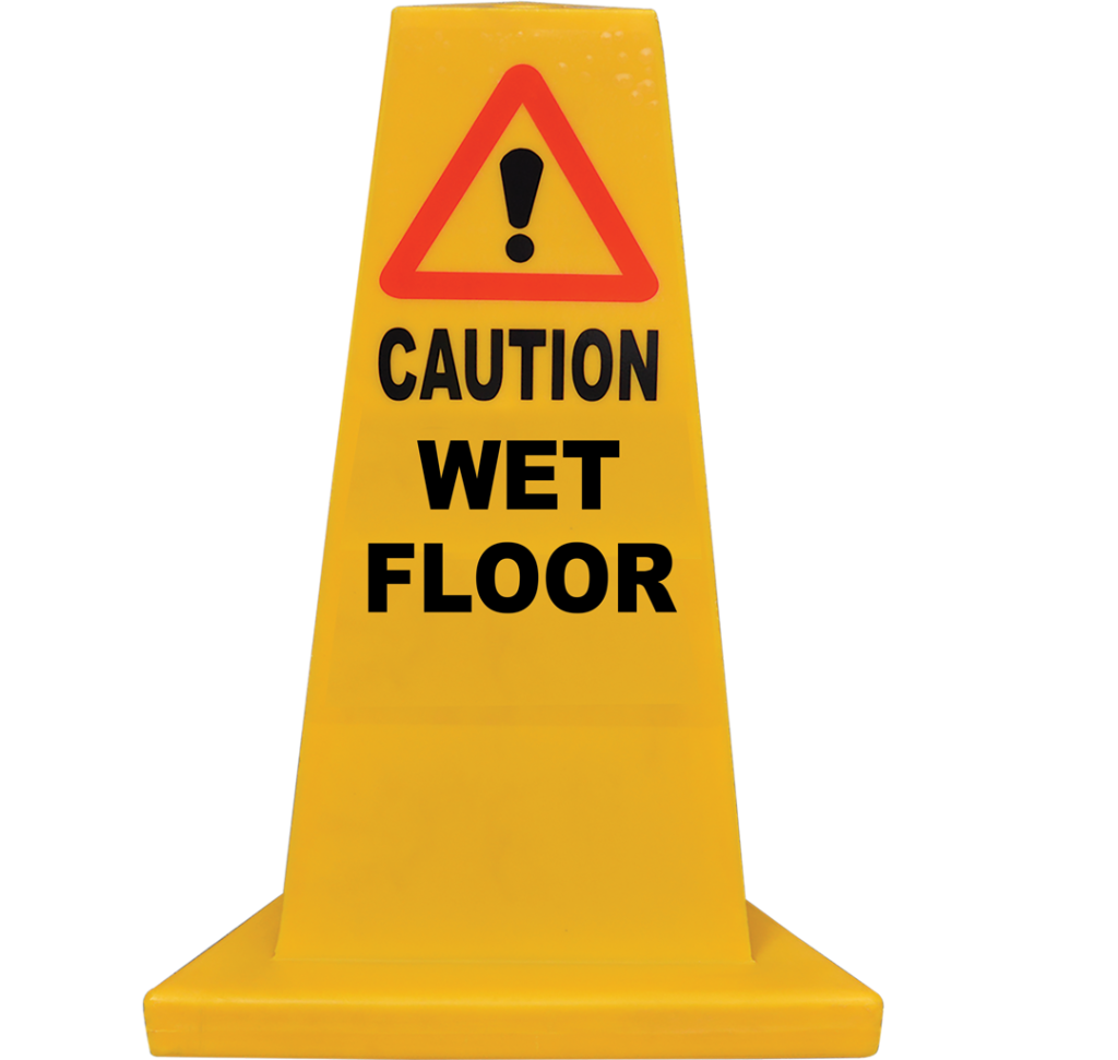 A yellow hazard cone for wet floors