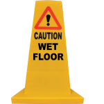 A yellow hazard cone for wet floors