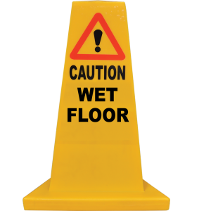 A yellow hazard cone for wet floors